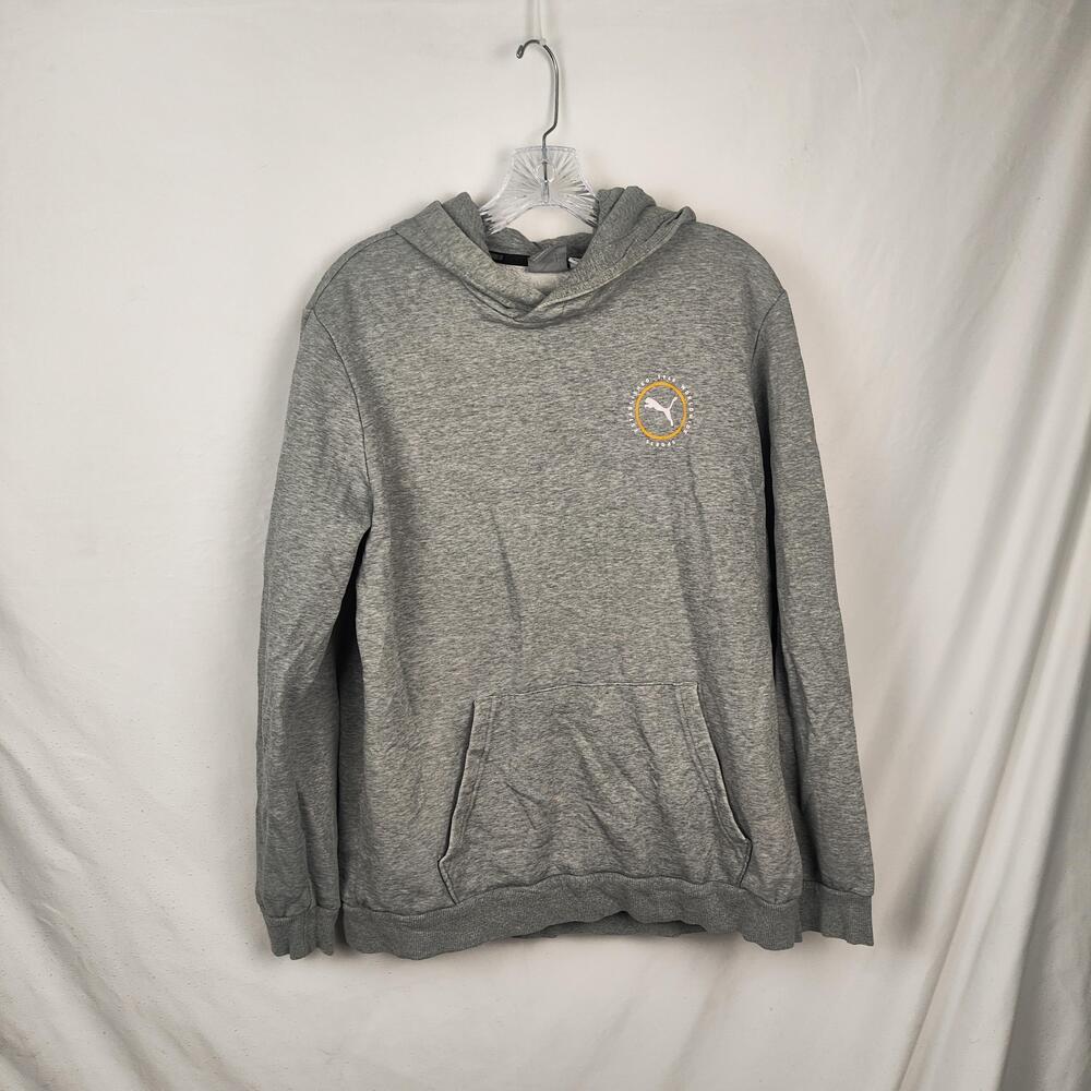 Puma Hoodie Mens Large Gray Pullover Fleece Kangaroo Pocket Graphic Sweatshirt
